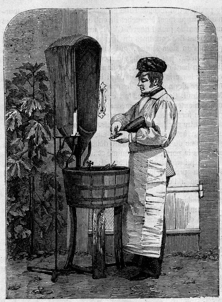 تعبئة نبيذ الشمبانيا في زجاجات. نقش من عام 1864. بواسطة فنان غير معروف