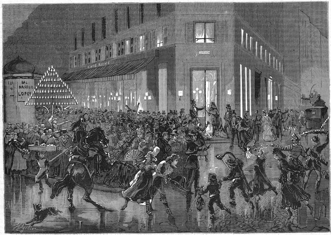 جادة الإيطاليين في باريس ليلة بال في الأوبرا. نقش 1873 بواسطة فنان غير معروف