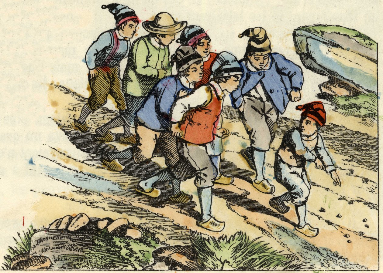 يتبع الأخوان بولت الصغير الذي زرع الحصى البيضاء في الطريق. رسم توضيحي لحكاية "Le Pepetit Poucet" للكاتب تشارلز بيرولت بواسطة فنان غير معروف
