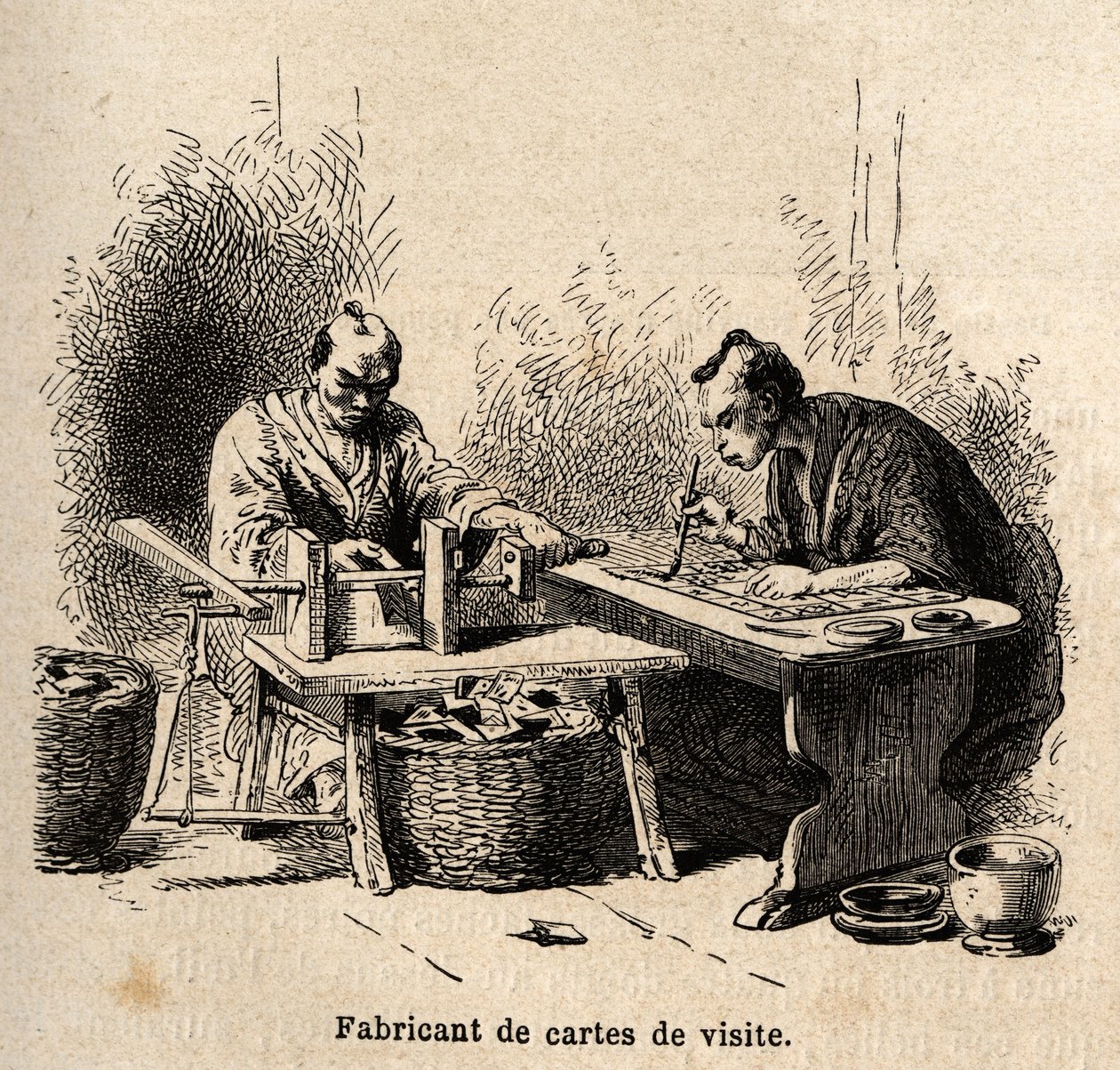 الشركة المصنعة لبطاقة العمل. نقش لتوضيح الرحلة إلى اليابان في 1863-1864 ، بقلم آيم هامبرت ، وزير الاتحاد السويسري ، في "Le Tour du monde ، nouveau journal des voyages" ، الذي نُشر تحت إشراف إدوارد شارتون بواسطة فنان غير معروف