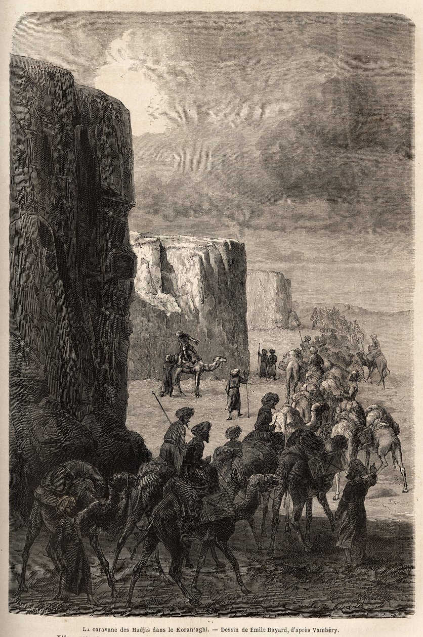 قافلة الحاج (المسلمين pelerins) في كورانتاغي (بلاد فارس ، إيران). رسم بواسطة إميل بايارد (1837-1891) ، لتوضيح الرحلة إلى آسيا الوسطى ، في عام 1863 ، بواسطة أرمينيوس فامبيري (عالم مجري متنكر في الدراويش). نقش في "" Le Tour du mond بواسطة فنان غير معروف