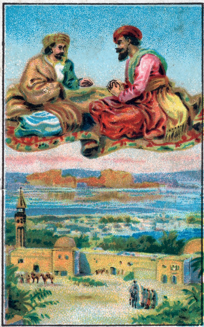 السجادة مبهجة. تاريخ الأمير أحمد ورسوم Paris-Banou (Pari Banou) (Paribanu). حكاية 1001 ليلة (حكايات الألف ليلة وليلة). الطباعة الحجرية الملونة في أواخر القرن التاسع عشر. بواسطة فنان غير معروف