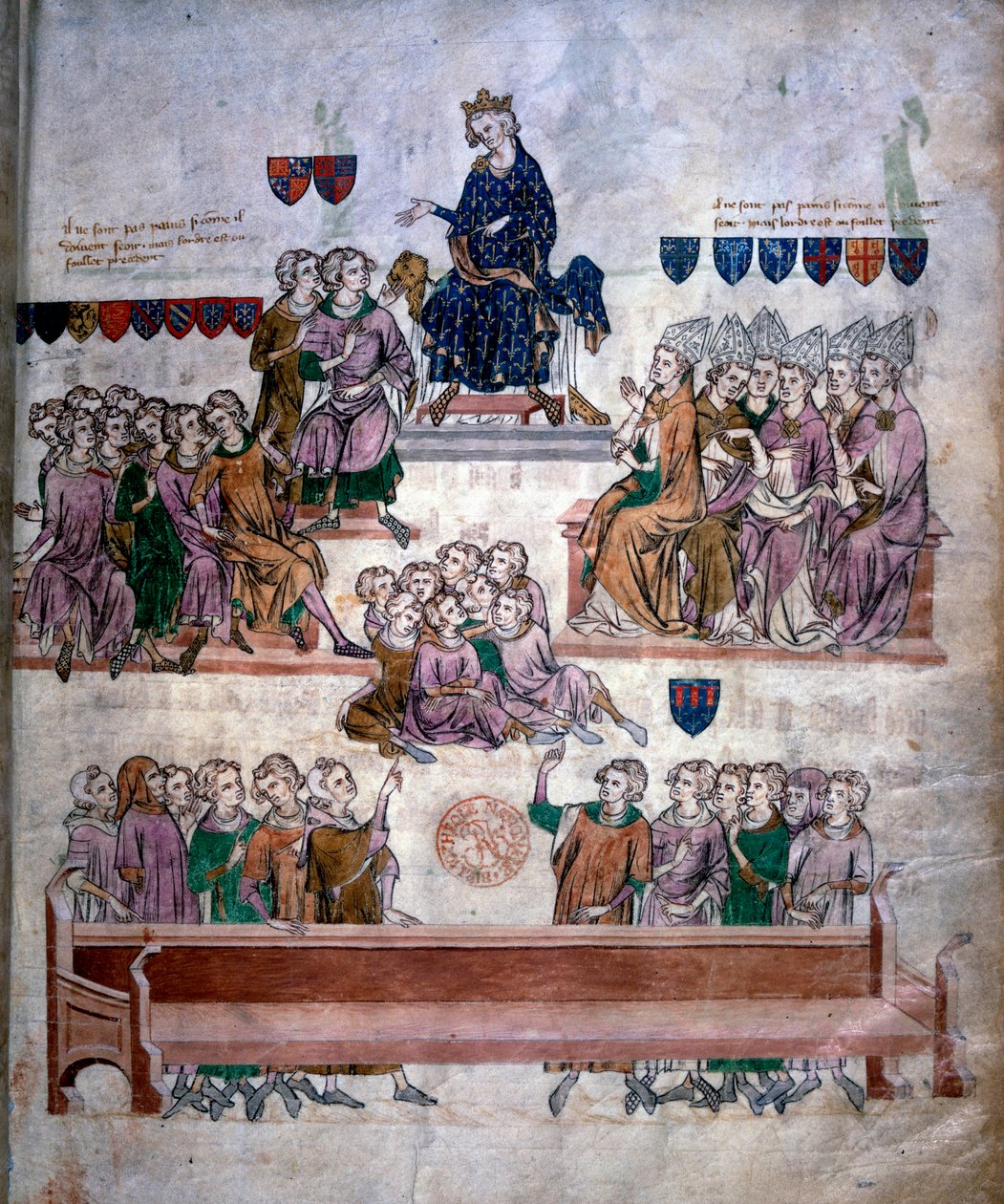 قضية روبرت الثالث دارتوا (1287-1342) بحضور الملك فيليب السادس ملك فالوا (1293-1350) حوالي عام 1329 الذي أدى به إلى فقدان عدته وإلى المنفى المصغر المأخوذ من مخطوطة من القرن الرابع عشر مئة عام. بي إن باريس بواسطة فنان غير معروف