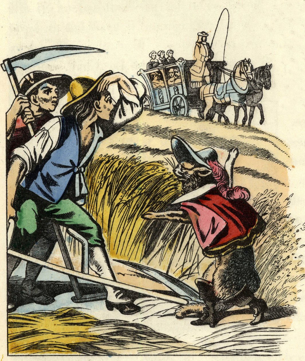 يجبر القط الفلاحين على القول إن الحقل الذي يجزون فيه القمح ينتمي إلى Marquis de Carabas. رسم توضيحي لقصة "القطة القارورة" بقلم تشارلز بيرولت بواسطة فنان غير معروف