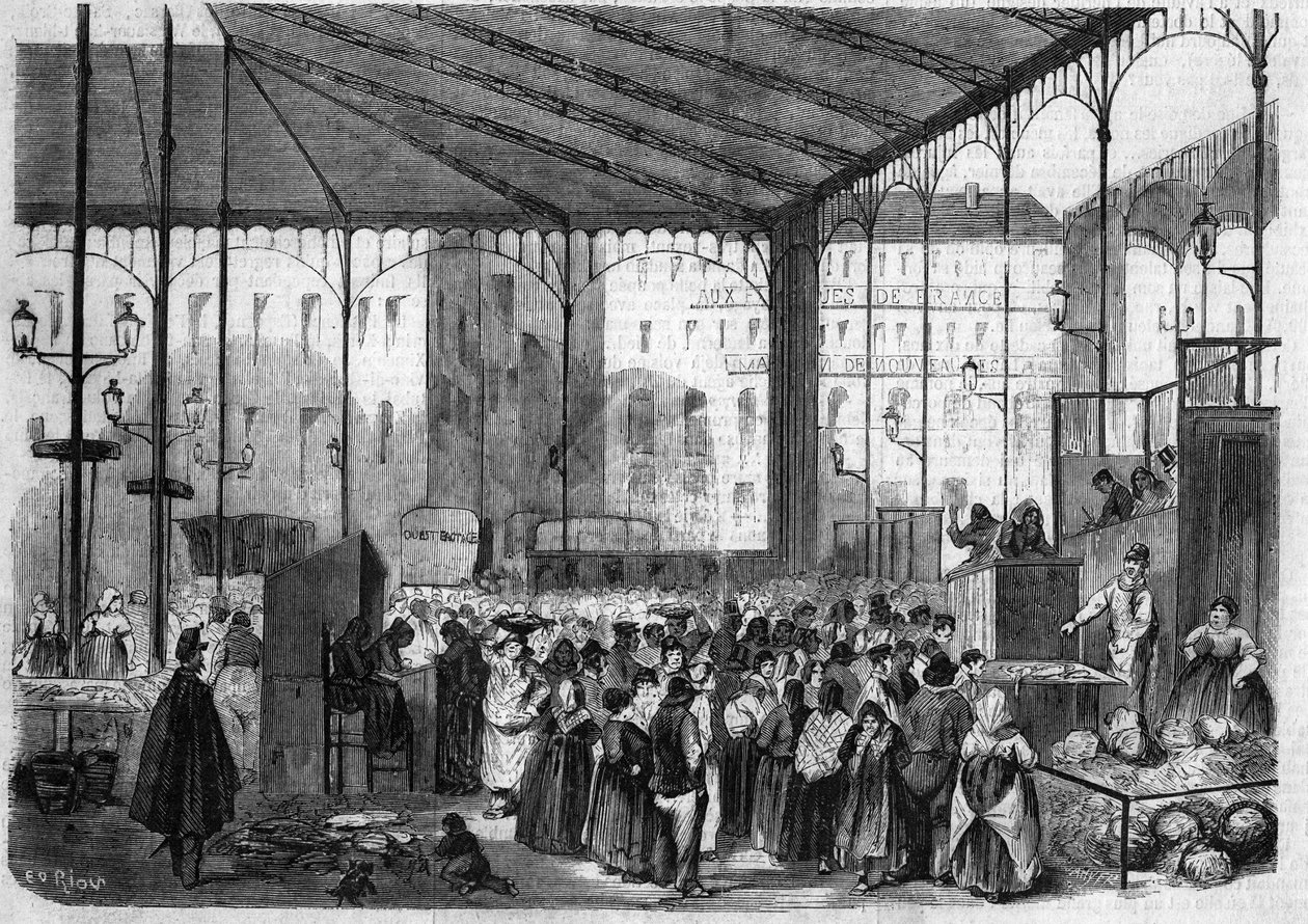 السوق المركزي في باريس: سوق السمك عام 1858. بواسطة فنان غير معروف