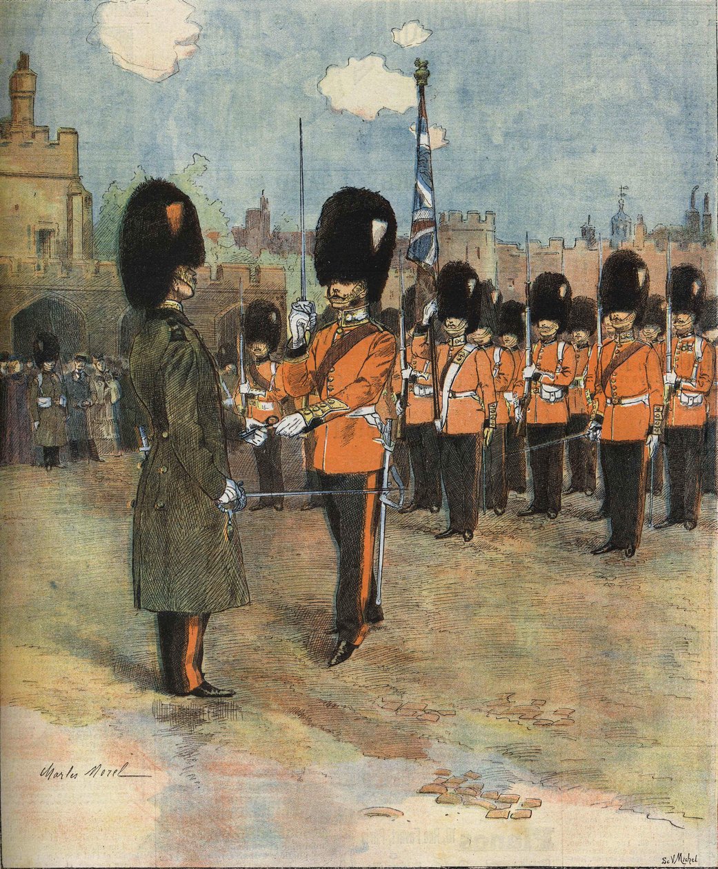 تغيير الحراسة في قصر باكنغهام في لندن عام 1893. رسم توضيحي بواسطة إم سي موريل. مجموعة Bianchetti. بواسطة فنان غير معروف