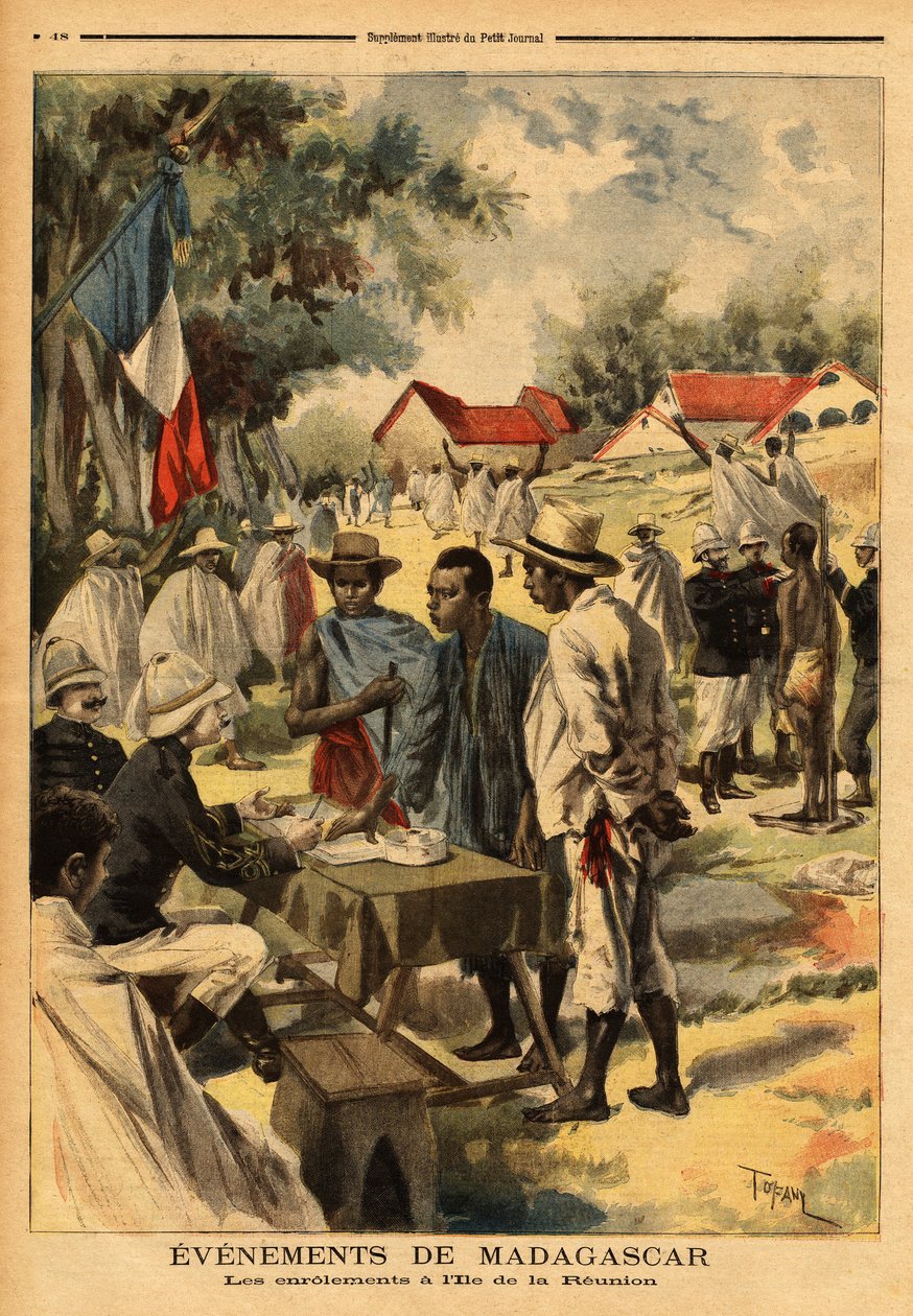 الملفات الموجودة في جزيرة ريونيون ؛ لأول مرة منذ إنشائها ، تم تطبيق قانون 1889 ، الذي يساوي بين سكان المستعمرات ، من وجهة نظر عسكرية ، إلى مجندي المدينة ، لتقوية القوات التي ستقاتل بواسطة فنان غير معروف
