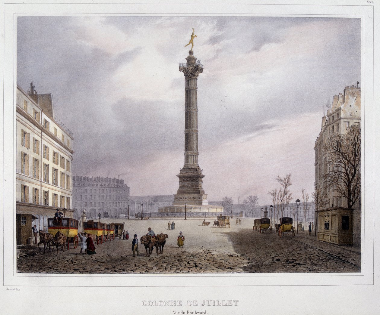عمود يوليو (Place de la Bastille) يُرى من Boulevard Beaumarchais بواسطة فنان غير معروف