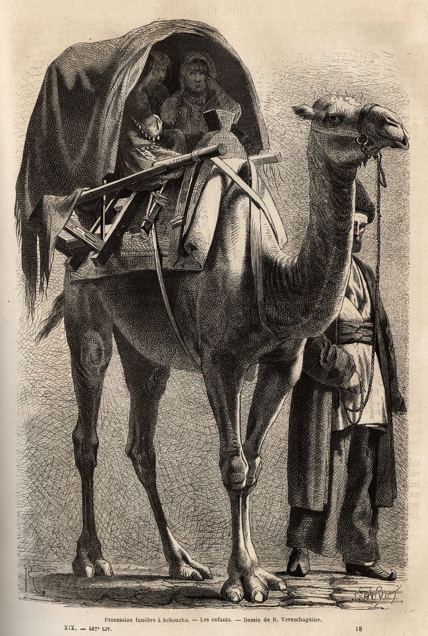 الموكب التذكاري لشهيد الحسين ، بعد وفاة الشهداء والتائبين ، تشارك النساء في الموكب ، نصفهن مختبئات على الجمال ، بإرشاد من رب الأسرة. نقش لتوضيح الرحلة في أقاليم القوقاز بواسطة فنان غير معروف