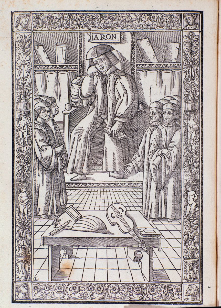 الملحن والمنظر الموسيقي بيترو آرون كرئيس بين طلابه. رسم توضيحي من Toscanello في musica بواسطة فنان غير معروف