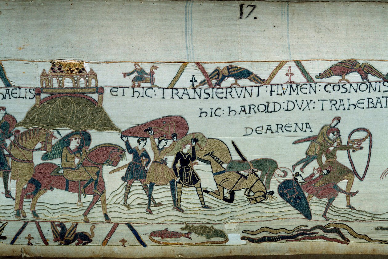 غزو بريتاني من قبل جيش دوق نورماندي ويليام الفاتح (1027-1087): عبور Riviere du Couesnon في ذروة مونت سانت ميشيل ، رجال وخيول يغرقون في الرمال المتحركة تفاصيل نسيج بايو أو إمبرو بواسطة فنان غير معروف