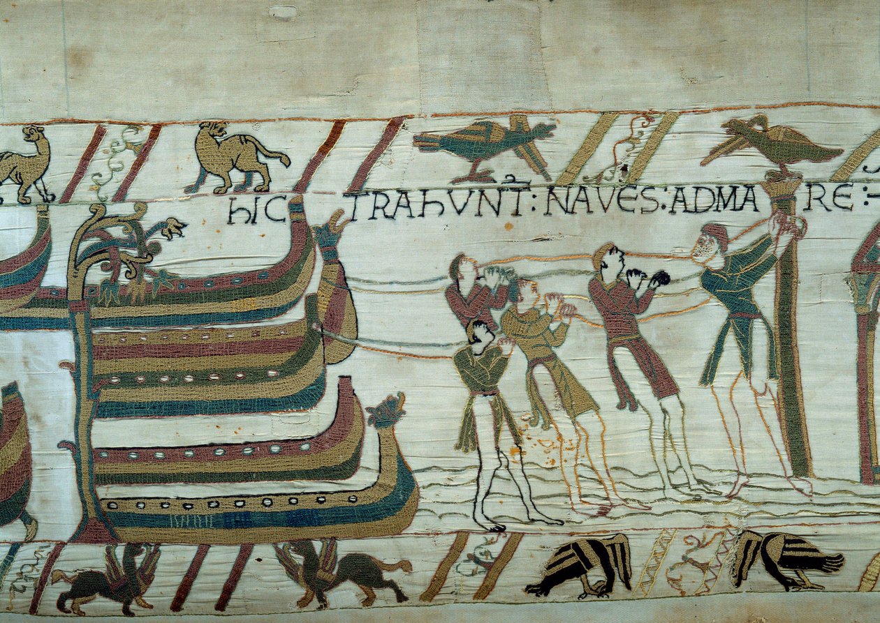 غزو جيش دوق نورماندي ويليام الفاتح لإنجلترا (1027-1087): تم وضع السفن المبنية بالكاد في البحر تفاصيل نسيج بايو أو تطريز الملكة ماتيلد بواسطة فنان غير معروف