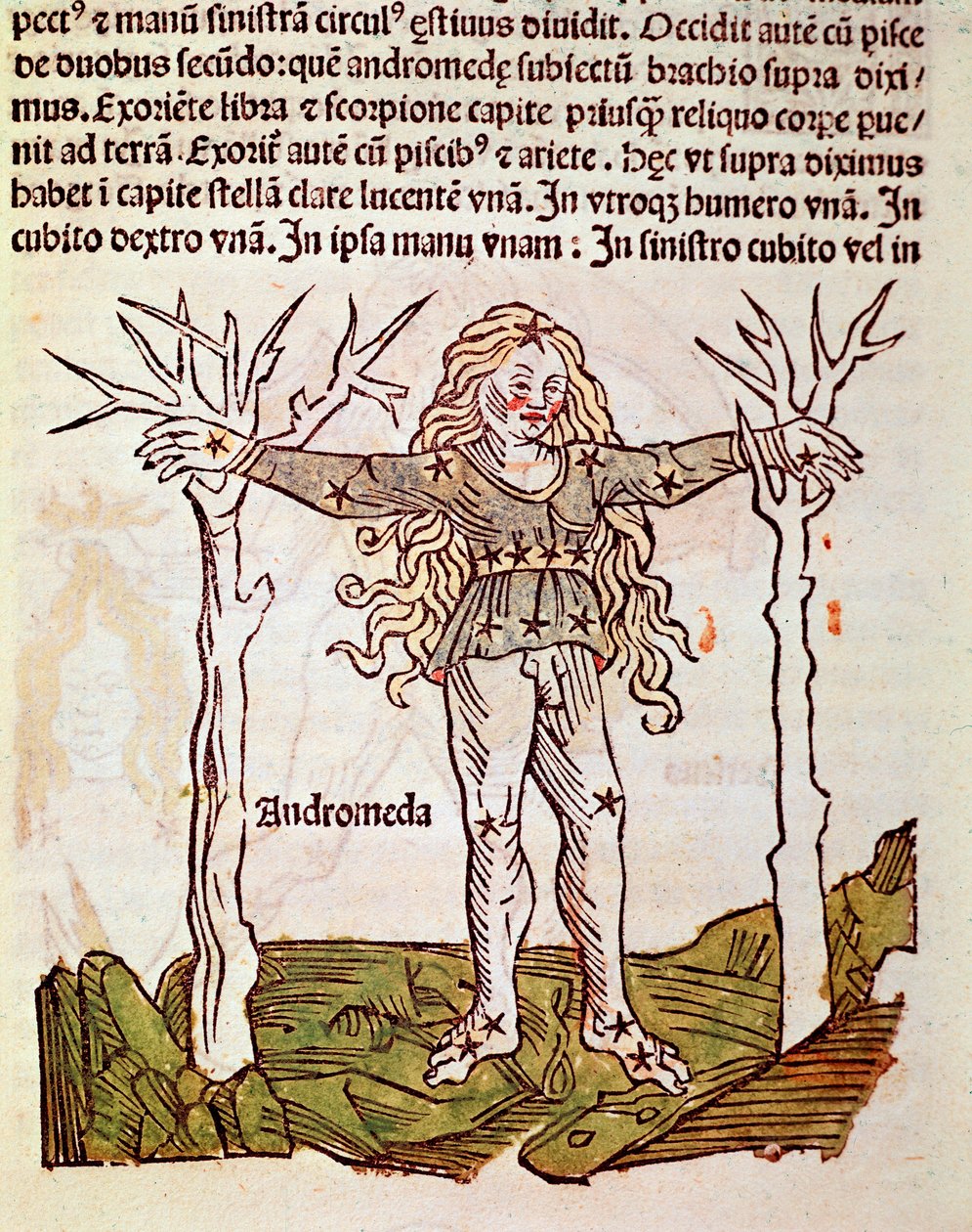 تُشتق كوكبة Andromede Detail من "" Poeticon astronomicon "" المنسوب إلى المؤرخ الروماني Hygin (Gaius Julius Hyginus) (القرن الأول قبل الميلاد) (كوكبة أندروميدا ، من "" Poeticon astronomicon "" المنسوبة إلى Hyginus (القرن الأول قبل الميلاد)) بواسطة فنان غير معروف