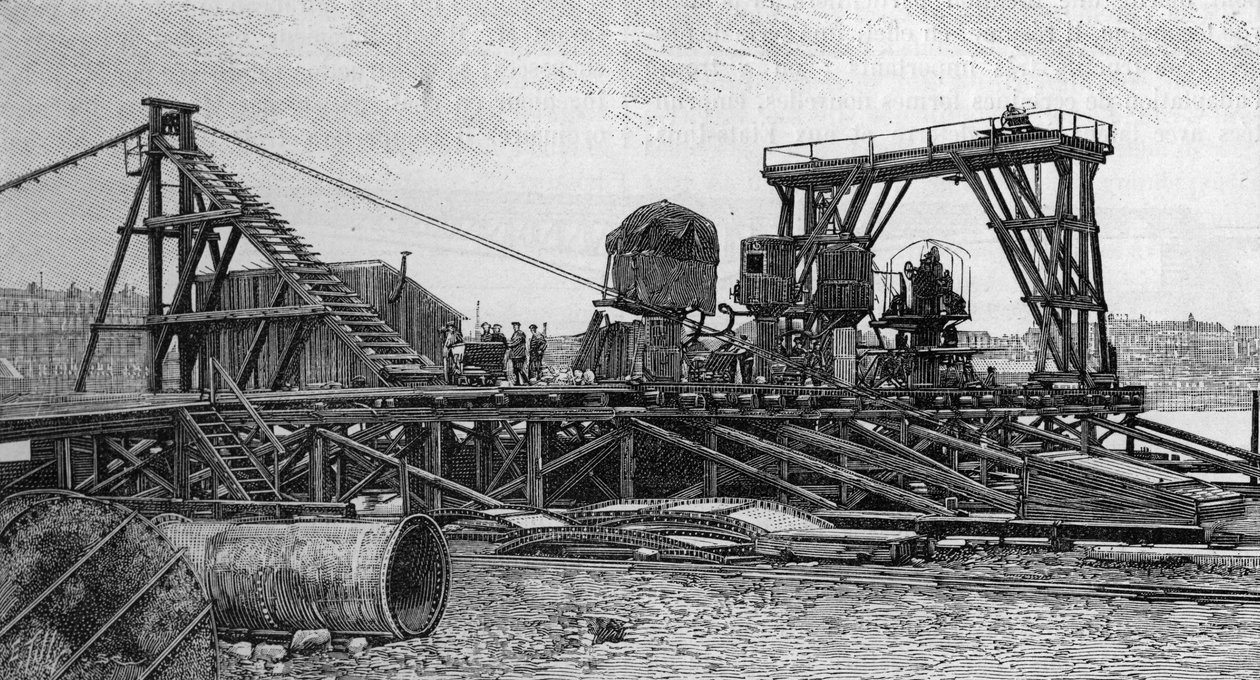 بناء جسر ميرابو في باريس (1893): جسر الخدمة (من صورة). نقش في "" الطبيعة: مراجعة العلوم وتطبيقاتها في الفنون والصناعة "بتاريخ ٣ فبراير ١٨٩٤. بواسطة فنان غير معروف