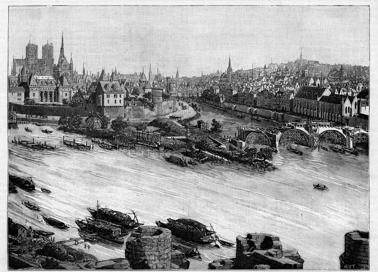 بناء Pont Neuf في باريس يمر عبر Square du Vert-Galant في نهاية Ile de la Cite. أول أعماله عام 1578. نقش في "" لوموند اللامع "" بواسطة فنان غير معروف