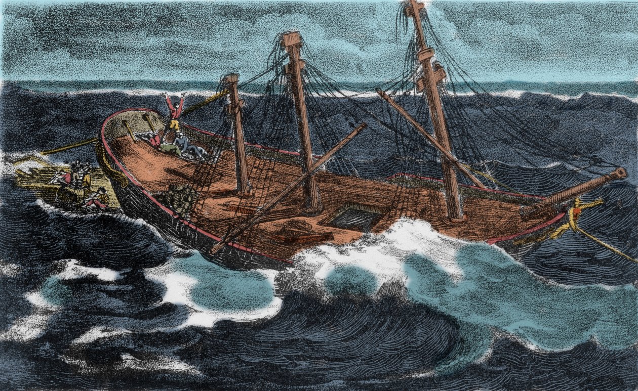 فشل بناء طوافة فارجيت "ميدوز" في 2/7/1816 على ضفة أرغوين قرب الساحل الموريتاني. نقش القرن التاسع عشر بواسطة فنان غير معروف