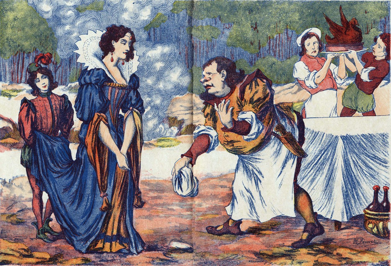 يرد الطباخ على الأميرة بأنه يعد وليمة زفاف ريكيه. رسم توضيحي مجهول لـ "" Riquet a la houppe "" للكاتب الفرنسي شارل بيرولت (1628-1703). الصور مارسيل فاني ، جارفيل نانسي ، بدون تاريخ (أواخر القرن التاسع عشر). بواسطة فنان غير معروف