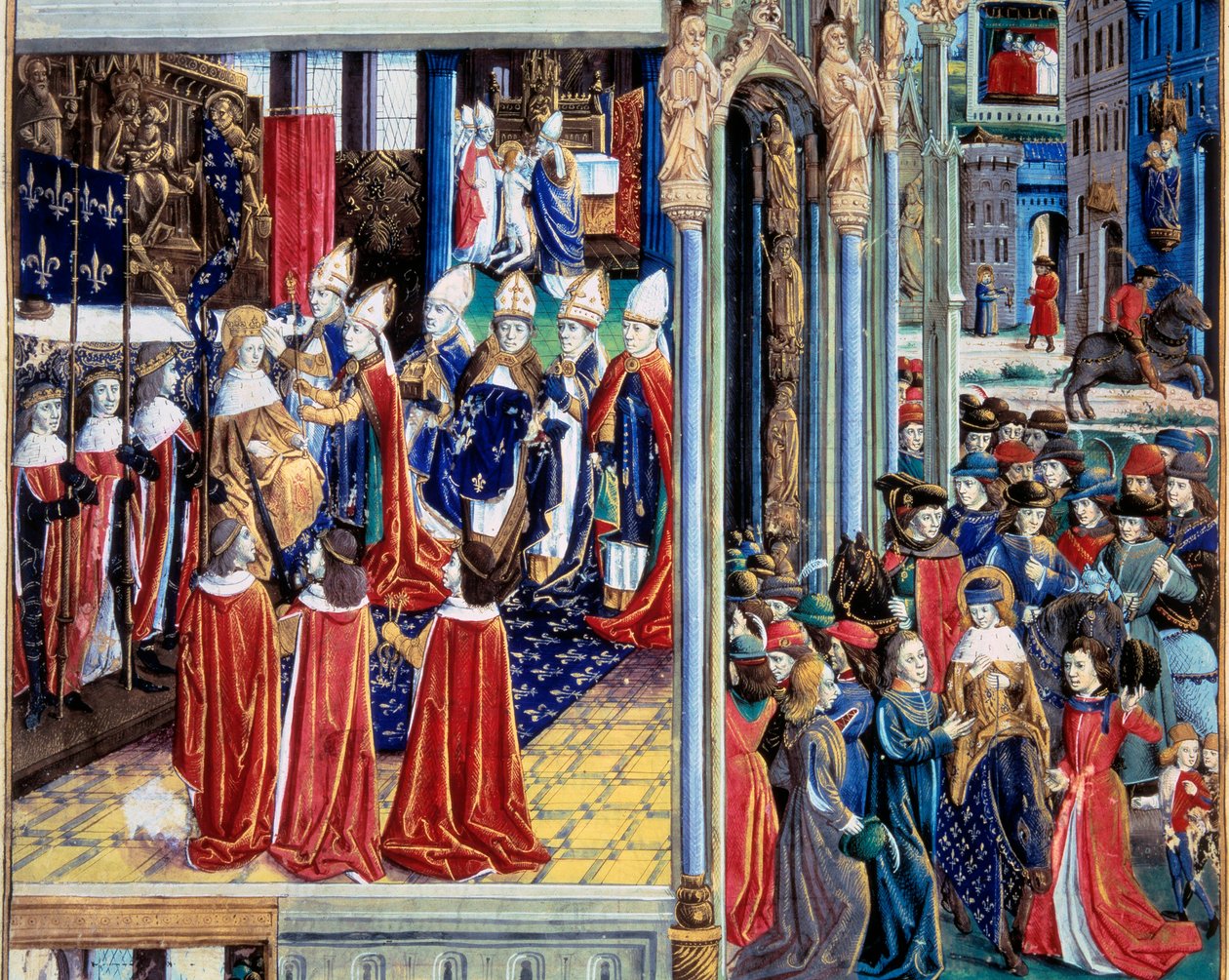 تتويج الملك سانت لويس (لويس التاسع) (1214-1270) في 29/11/1226 في كاتدرائية ريمس "" صورة مصغرة من مخطوطة "كتاب حقائق المونسنيور سانت لويس" "" "القرن الخامس عشر. باريس ، BN بواسطة فنان غير معروف