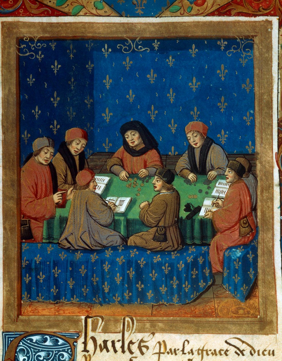 عدادات Royal Tresor Miniature مأخوذة من حلب على الفضة (على الأرجح De Moneta) بواسطة Nicolas Oresme (1320-1382) بواسطة فنان غير معروف