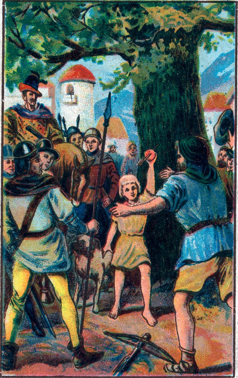 القوس والنشاب. Guillaume Tell (William Tell) (أبطال أسطوريون لاستقلال سويسرا). الطباعة الحجرية الملونة في أواخر القرن التاسع عشر. بواسطة فنان غير معروف