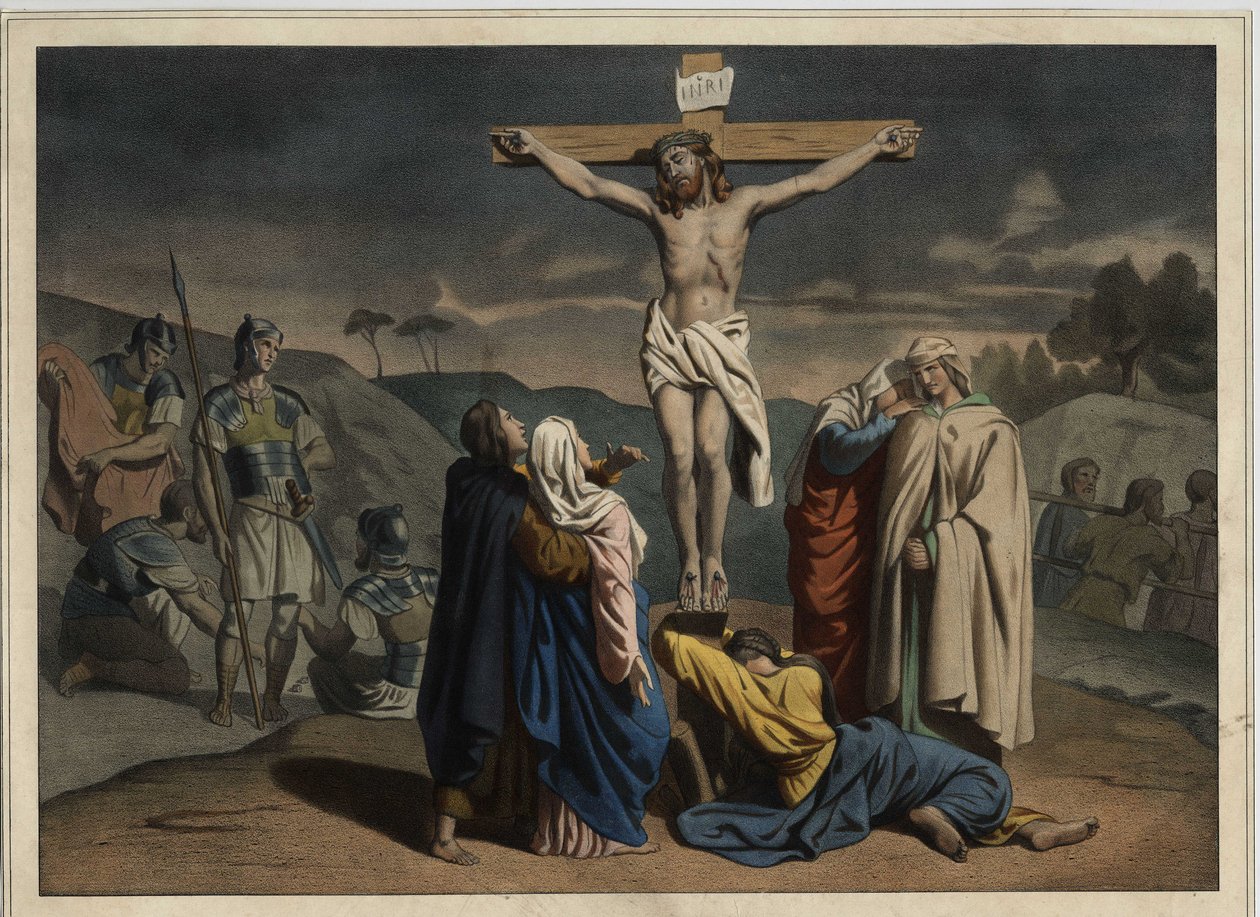صلب المسيح. نقش "" INRI "على الصليب. نقش مجهول من منتصف القرن التاسع عشر. بواسطة فنان غير معروف
