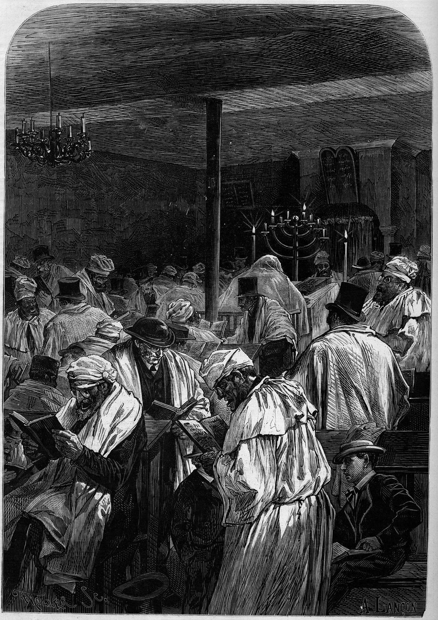يوم الغفران العظيم لليهود أو الاحتفال بعيد الغفران في كنيس في شارع Saint Louis en l'Isle ، باريس بواسطة فنان غير معروف