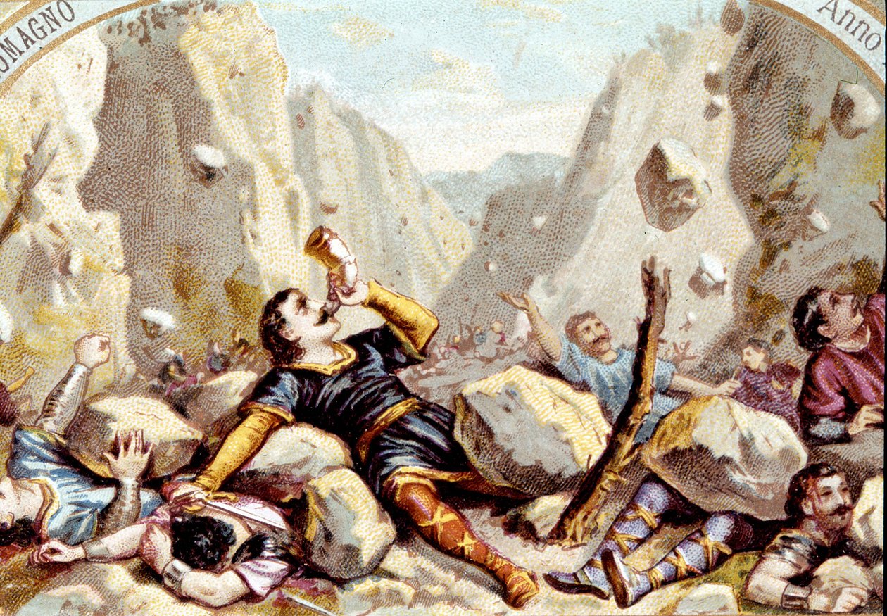 وفاة فارس رولاند ، ابن شقيق شارلمان ، في معركة رونسيفو ، 778. الطباعة الحجرية الملونة في عام 1900. بواسطة فنان غير معروف