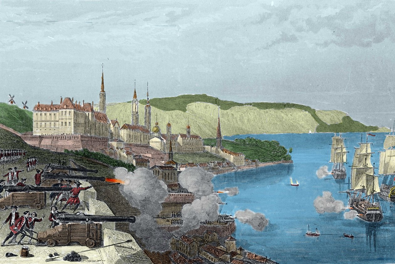 دفاع عن كيبيك بواسطة الكونت لويس دي بوادي ، كونت فرونتيناك (1622-1698) في 16/10/1690. نقش كولوري في "Histoire generale de la Marine" بواسطة Van Tenac بواسطة فنان غير معروف