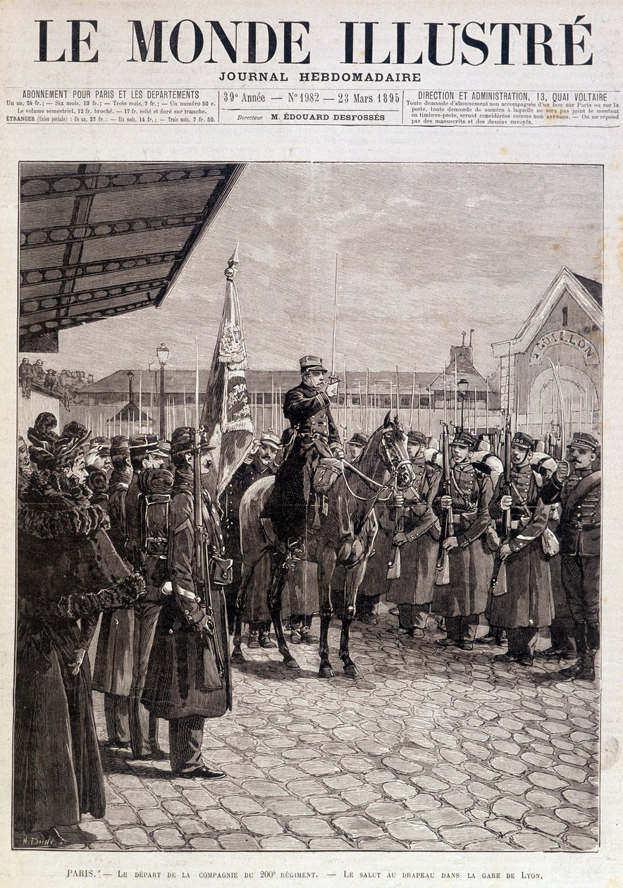 رحيل سرية الفوج 200. تحية العلم في غار دي ليون. "" العالم المصور "". 23/03/1895. رسم. بواسطة فنان غير معروف