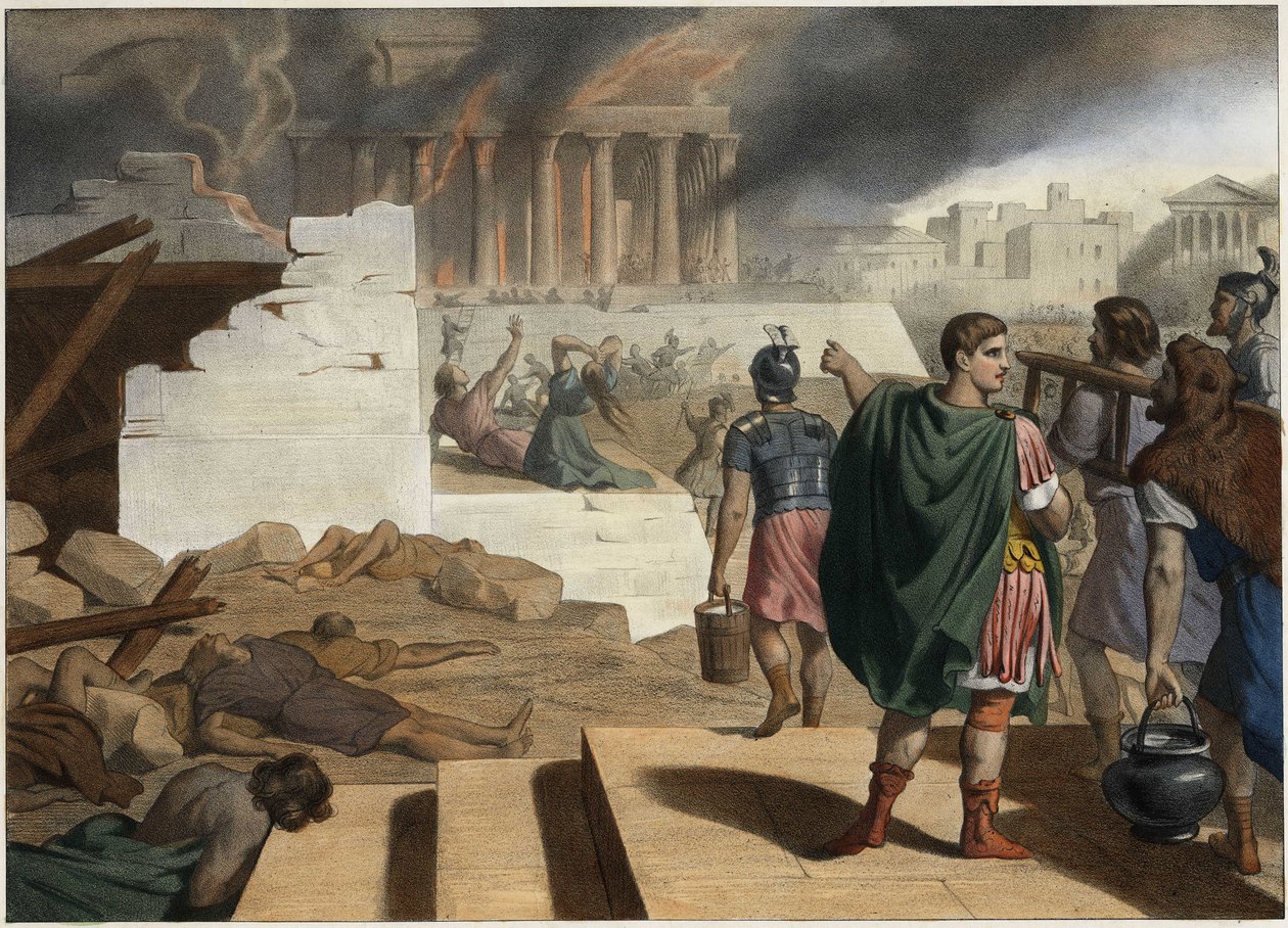 تدمير المعبد ومدينة القدس في 70 من قبل الإمبراطور الروماني تيتوس (40-81). نقش مجهول من منتصف القرن التاسع عشر. بواسطة فنان غير معروف