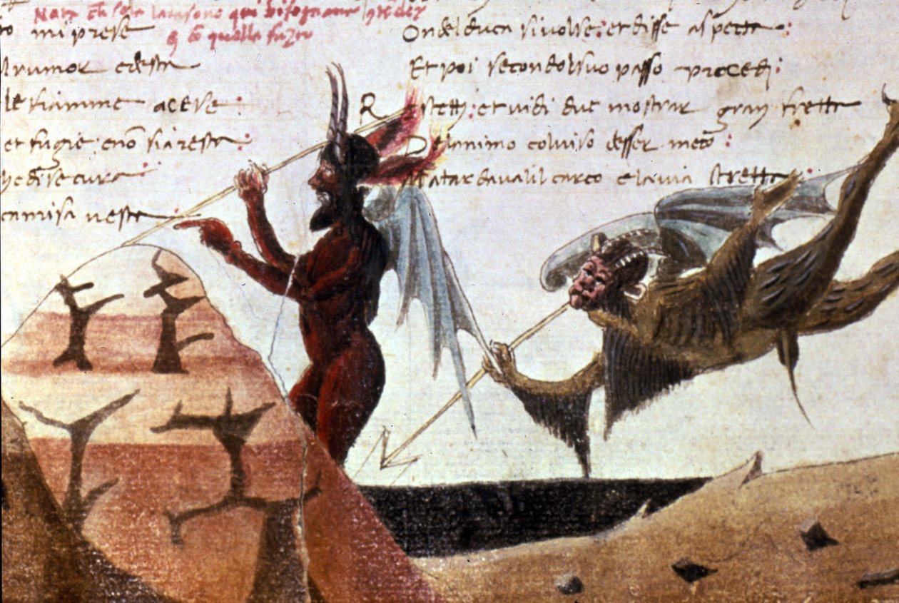 الشياطين في دائرة من الجحيم بعد نسخة مكتوبة بخط اليد من Divina Commedia (الكوميديا الإلهية) لدانتي أليغيري (1265 - 1321) من القرن الرابع عشر. ببل تريفولزيانا ميلان. بواسطة فنان غير معروف