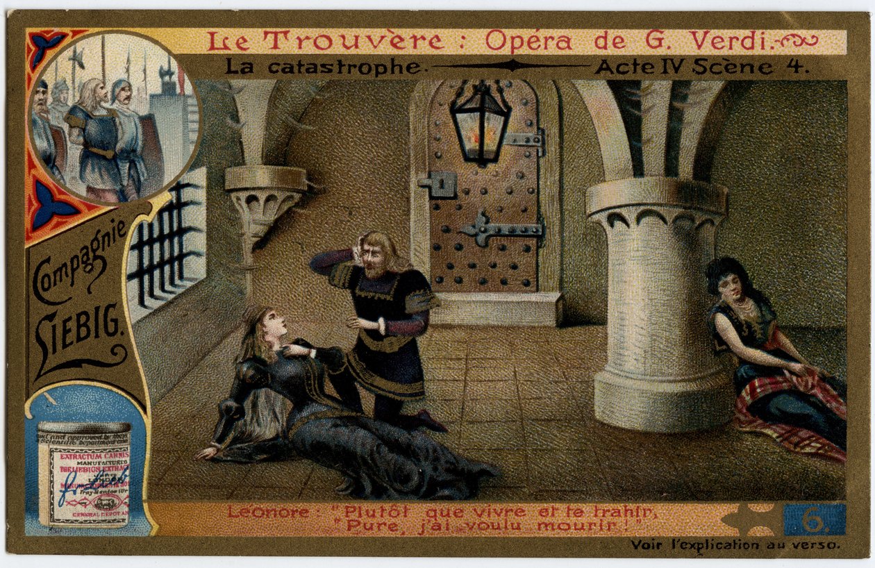 مشهد الكارثة الرابع 4. رسم توضيحي لأوبرا "البحث" (Il trovatore) لجوزيبي فيردي (1813-1901). Chromolithography (Chromo) Liebig من نهاية القرن التاسع عشر. بواسطة فنان غير معروف