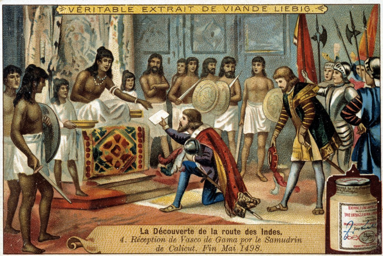 اكتشاف مسار جزر الهند: استقبال Samudrin of Calicut ل Vasco da Gama ، نهاية مايو 1498 - إعلان المقالة القصيرة Liébig بواسطة فنان غير معروف