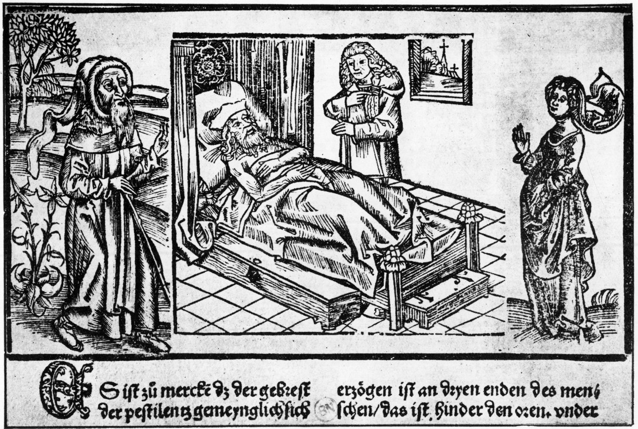 الطبيب في سرير pestiferé ، نقش على الخشب لـ "Liber pestilentialis" بقلم جيروم برونشفيغ ، ستراسبورغ بواسطة فنان غير معروف