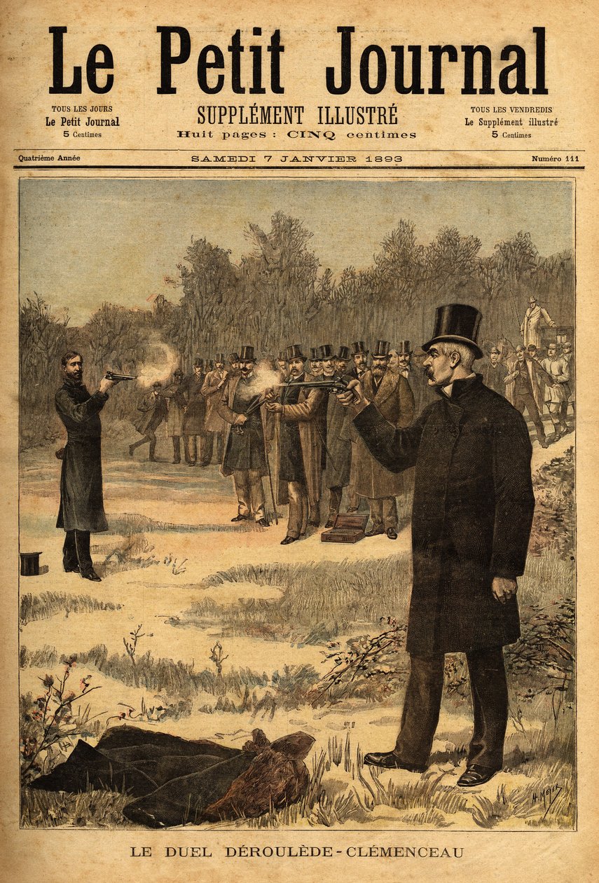 المبارزة بالمسدس (المحظورة في فرنسا منذ 1626) بين النواب بول ديروليد (1846-1914) وجورج كليمنصو (1841-1929) ، لا ضرر من ذلك. نقش في "" مجلة Le petit "" 7/01/1893. مجموعة سيلفا. بواسطة فنان غير معروف