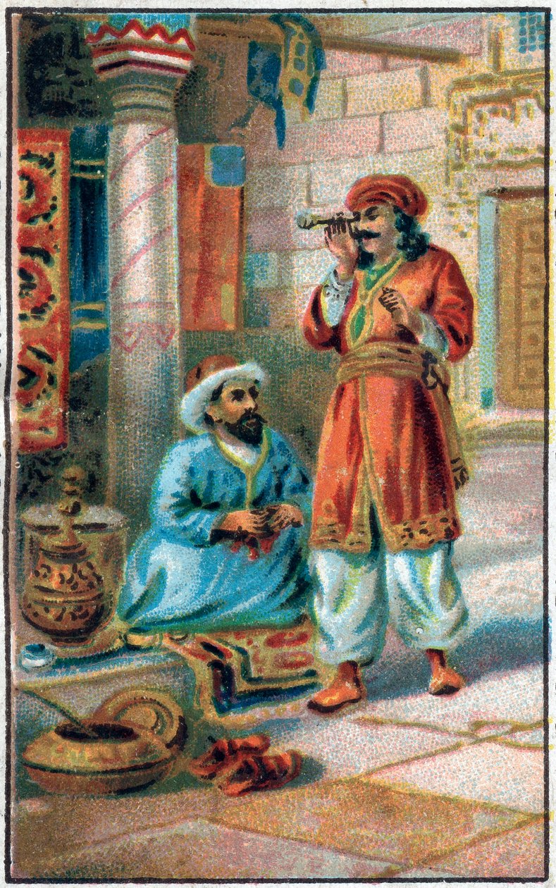 الأنبوب الساحر. تاريخ الأمير أحمد ورسوم Paris-Banou (Pari Banou) (Paribanu). حكاية 1001 ليلة (حكايات الألف ليلة وليلة). الطباعة الحجرية الملونة في أواخر القرن التاسع عشر. بواسطة فنان غير معروف