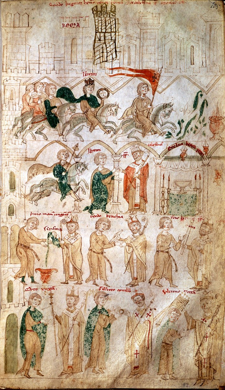 دخول هنري السادس من الإمبراطورية المقدسة (1165-1197) إلى روما وتتويجه كإمبراطور في 14/4/1191 من قبل البابا سلستين الثالث. إبولي) - (مجلد المخطوطات ١٢٠ ، الصفحة ١٠٥) برجربيبلي من القرن الثالث عشر بواسطة فنان غير معروف