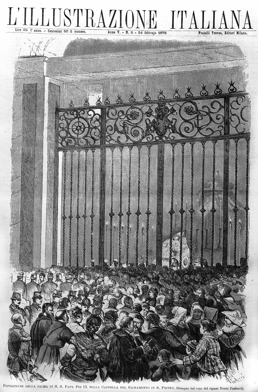 معرض جسد البابا بيوس التاسع (1792-1878) في كنيسة ساكرامنتو بالفاتيكان. غلاف "" lillustrazione italiana "من فبراير ١٨٧٨. بواسطة فنان غير معروف