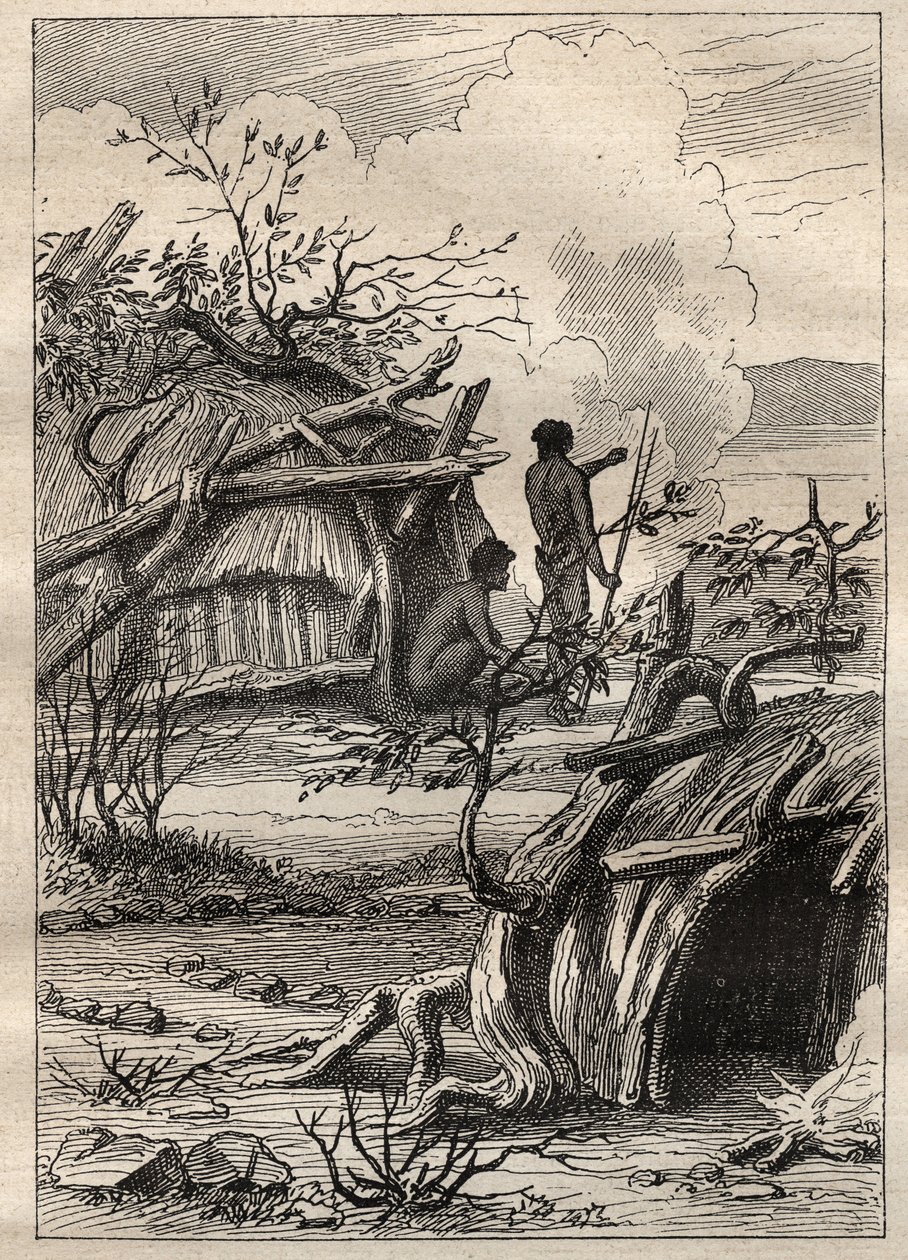 الرحلة الاستكشافية حول العالم (1790-1792) للكابتن إتيان مارشان (1755-1793): كبائن السكان الأصليين في أرض إندداخت (أستراليا) - رسم توضيحي مأخوذ من "البحارة العظماء في القرن الثامن عشر" بواسطة فنان غير معروف