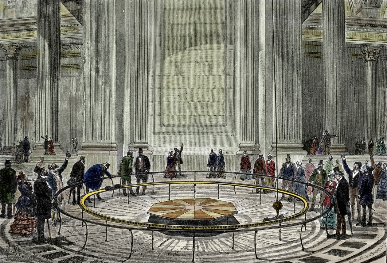 The famous experience of the Pendulum by Leon Foucault in 1851 demonstrating the rotation of the Earth at the Pantheon in Paris. بواسطة فنان غير معروف