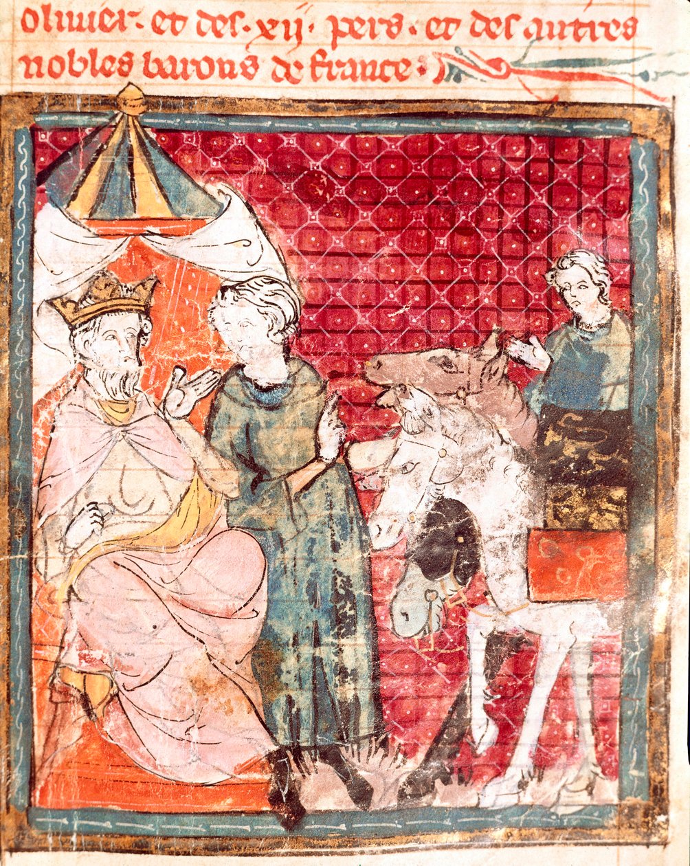وداع فارس رولان لعمه شارلمان (742-814) صورة مصغرة من "" Grandes Chronicles de France "" 1375-1379 مكتبة البلدية ، Castres بواسطة فنان غير معروف
