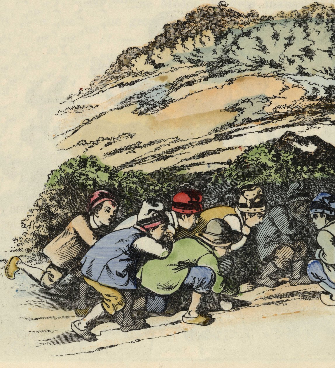 تختبئ حديبات بوكيه الصغير في صخرة مجوفة للهروب من الغول. رسم توضيحي لحكاية "Le Pepetit Poucet" للكاتب تشارلز بيرولت بواسطة فنان غير معروف