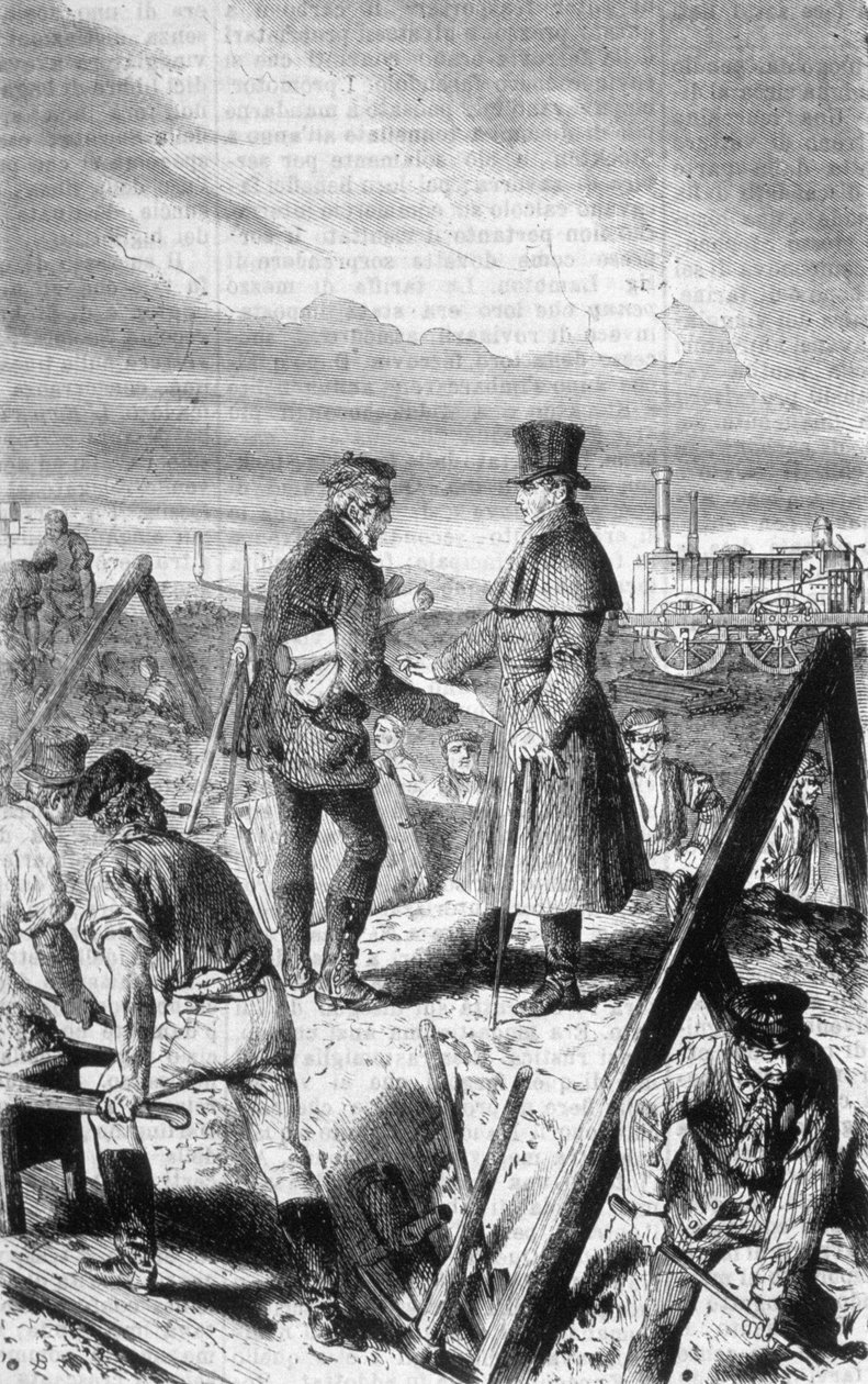أول قاطرة بخارية بناها المهندس البريطاني جورج ستيفنسون (1781-1848). بواسطة فنان غير معروف
