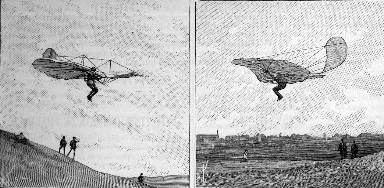 الطائرة الطائرة أوتو ليلينثال (1848-1896) ، رائد الطيران الألماني ، في موقعين مختلفين (من صورة فورية). نقش في "" La Nature: revue des sciences et de leurs applications aux Arts et a l'industrie "" بتاريخ ٣ فبراير ١٨٩٤. بواسطة فنان غير معروف