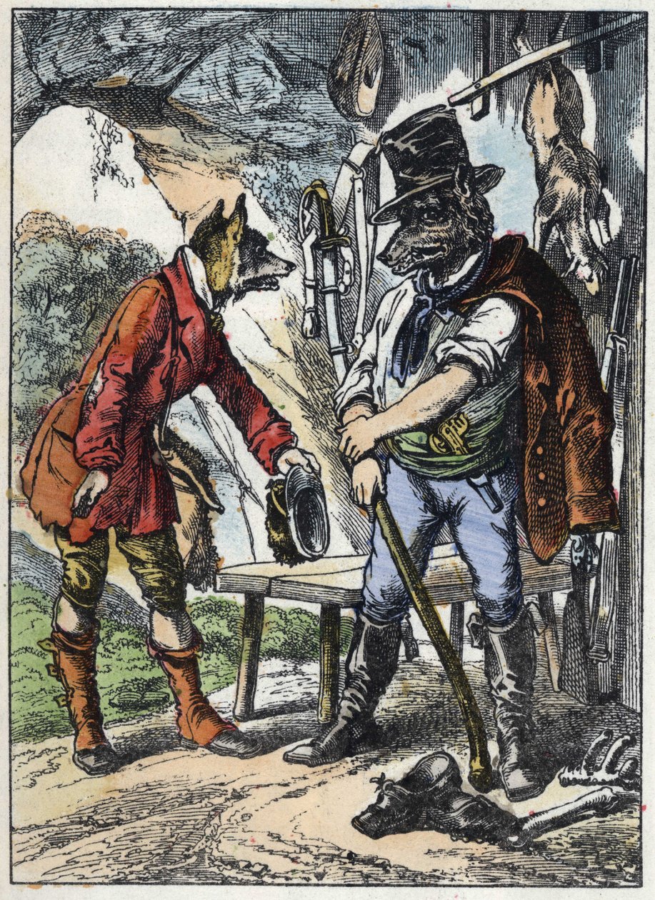 الثعلب والذئب. رسم توضيحي لحكاية "خروف أمي الطيبة". في "" حكايات من المنزل للصغار "". نقش مجهول من القرن التاسع عشر. بواسطة فنان غير معروف