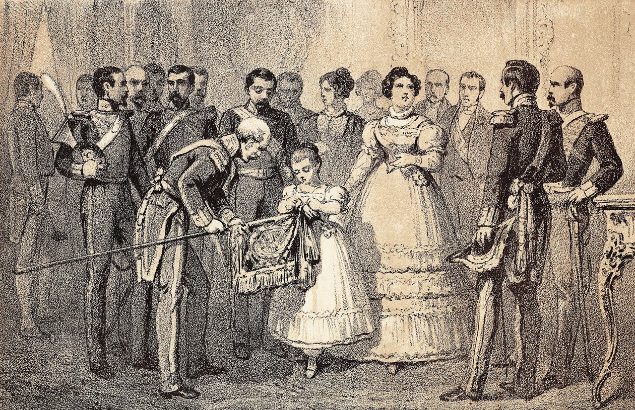 ملكة إسبانيا المستقبلية إيزابيلا الثانية (إيزابيلا من بوربون) (1830-1904) (إيزابيل الثانية من إسبانيا) تزين علم سبيرز حرس وسام القديس فرديناند (سان فرناندو). ليثوجراف. بواسطة فنان غير معروف