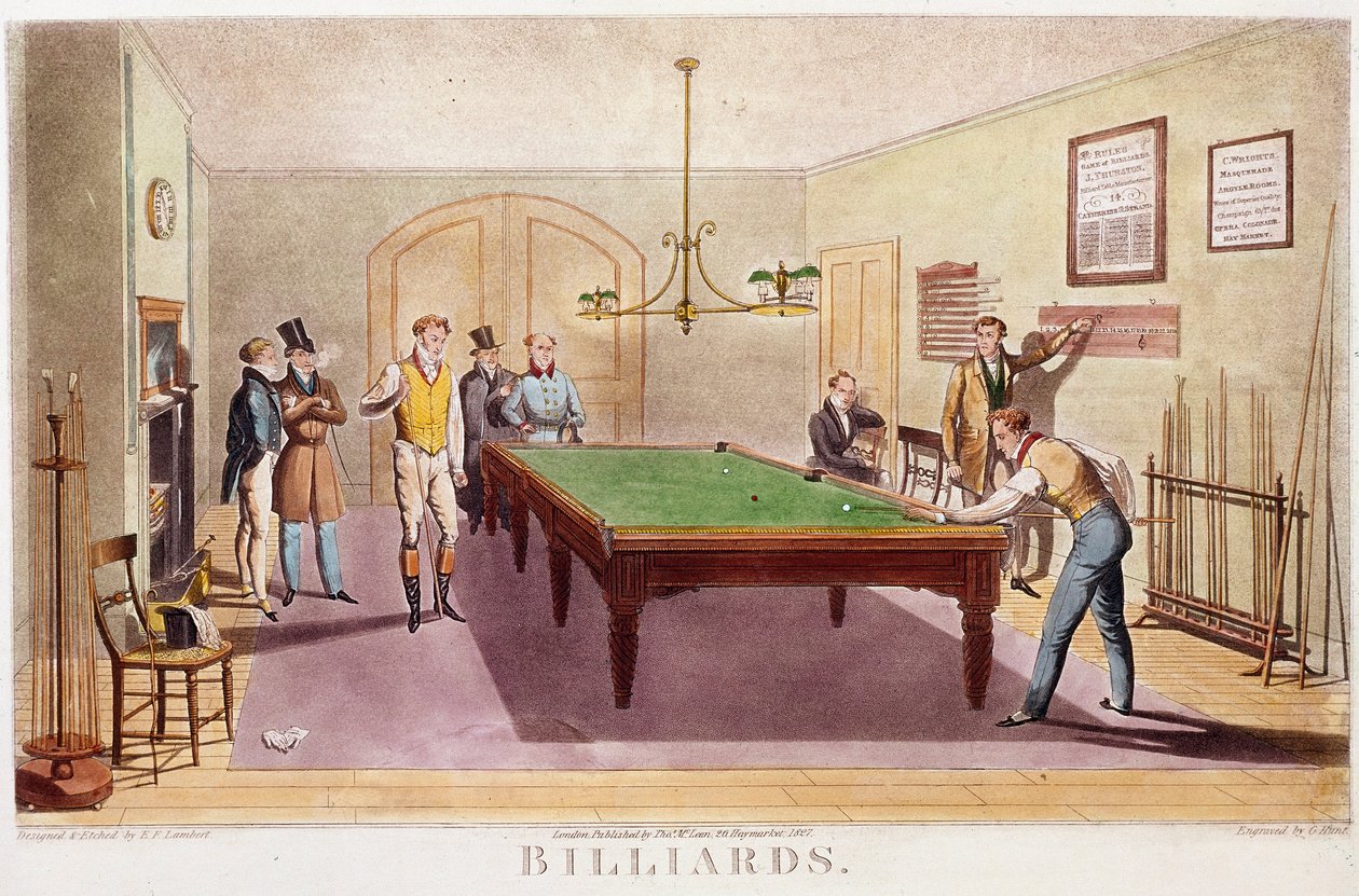 لعبة البلياردو Gentilmen من المجتمع الإنجليزي الراقي يلعبون البلياردو. نقش من عام 1827. مجموعة خاصة بواسطة فنان غير معروف