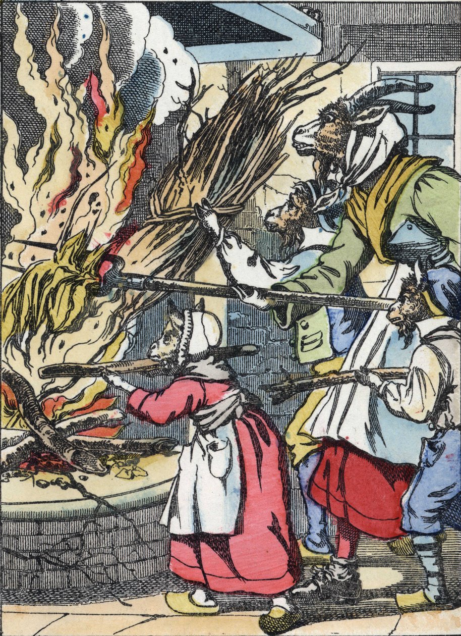 أشعلت الماعز والحلي النار في المدخنة. رسم توضيحي لحكاية "Compere le Loup، Maitre Renard، Comere la Chevre et ses petits biquets" "بعد حكاية جان دو لا فونتين. في "" حكايات من المنزل للصغار "". نقش مجهول بواسطة فنان غير معروف