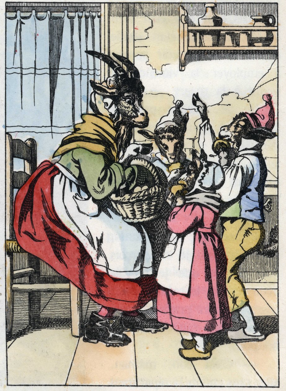 الماعز خارج السوق ، يستمع إلى تاريخ البيكيت. رسم توضيحي لحكاية "Compere le Loup، Maitre Renard، Comere la Chevre et ses petits biquets" بعد حكاية جان دو لا فونتين. في "" حكايات من المنزل للصغار "" بواسطة فنان غير معروف