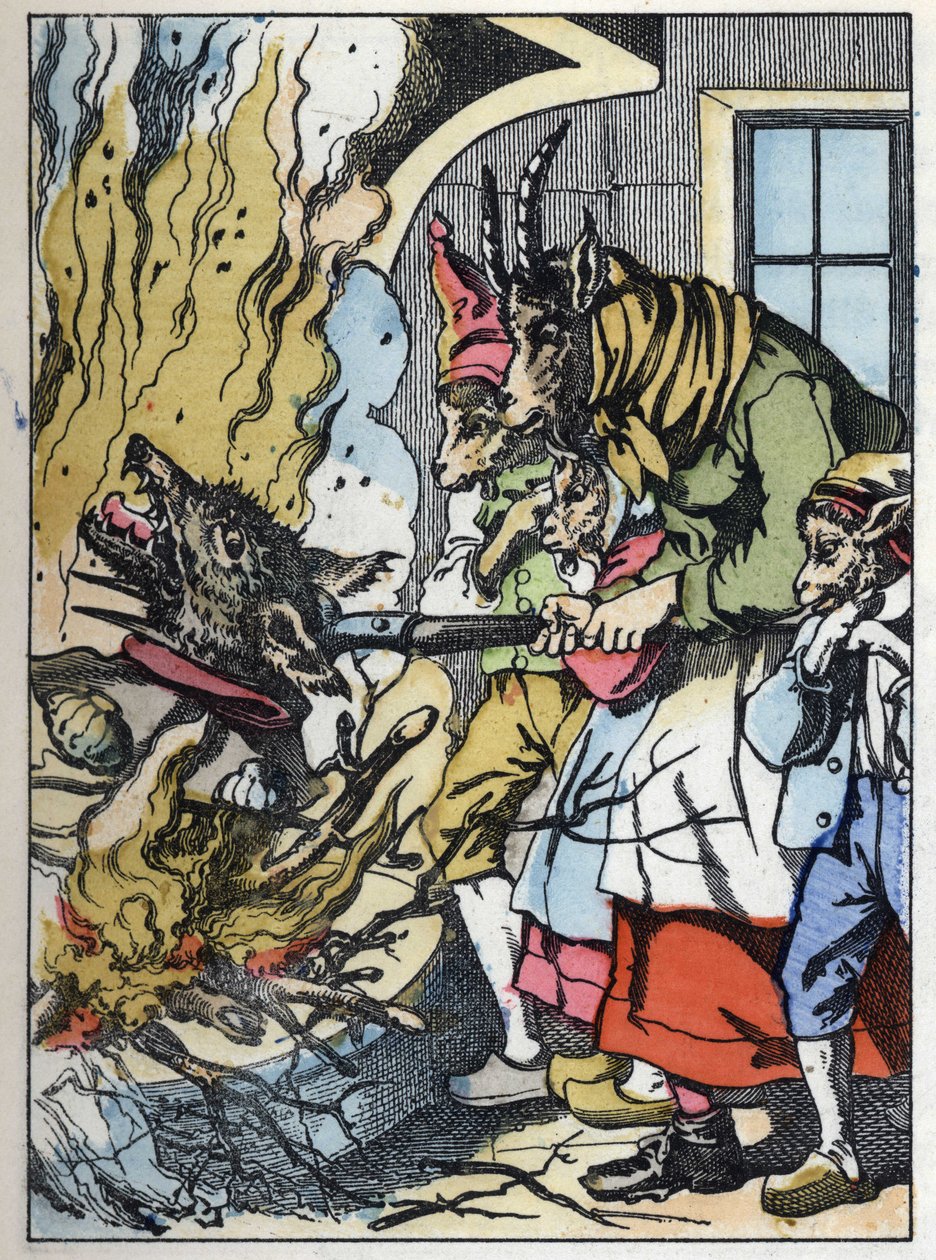 الماعز تقتل الذئب في المدخنة. رسم توضيحي لحكاية "Compere le Loup، Maitre Renard، Comere la Chevre et ses petits biquets" "بعد حكاية جان دو لا فونتين. في "" حكايات من المنزل للصغار "". نقش مجهول من 19t بواسطة فنان غير معروف